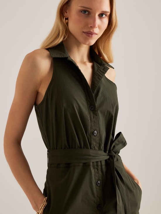 Maeve Pants - Maeve Olive Green Sleeveless Button-Front Jumpsuit with Waist Tie